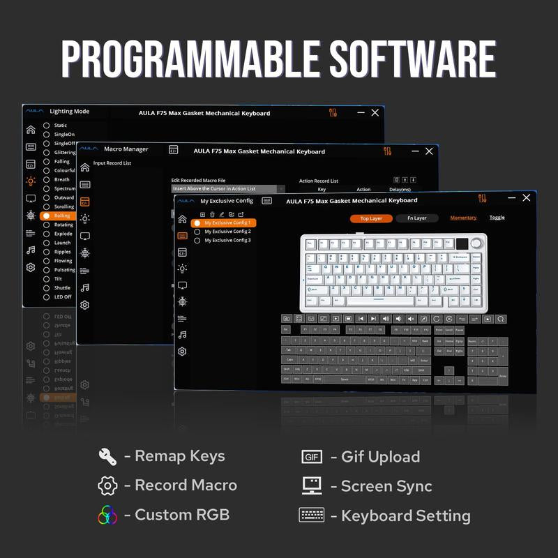 Aula F75 MAX Wireless Mechanical Keyboard with TFT Screen and Knob, Gasket Gaming Keyboard in 75% Layout, Hot Swappable, RGB Backlight, for Pc/Mac/Linux (Reaper Switch)