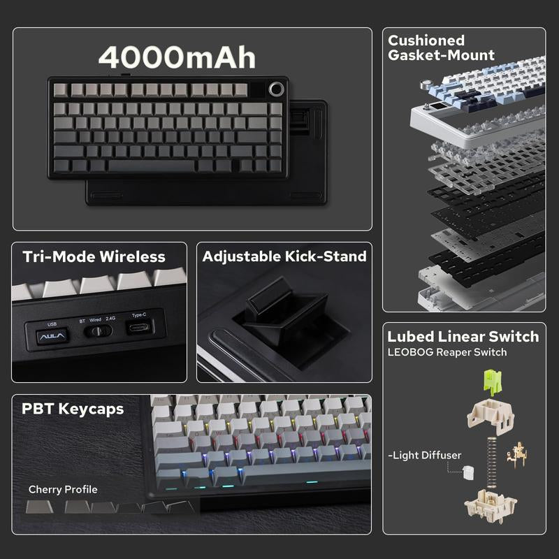 Aula F75 MAX Wireless Mechanical Keyboard with TFT Screen and Knob, Gasket Gaming Keyboard in 75% Layout, Hot Swappable, RGB Backlight, for Pc/Mac/Linux (Reaper Switch)