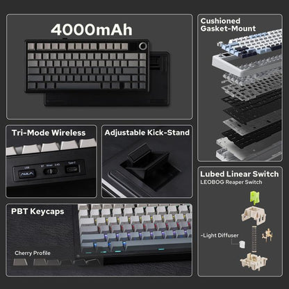 Aula F75 MAX Wireless Mechanical Keyboard with TFT Screen and Knob, Gasket Gaming Keyboard in 75% Layout, Hot Swappable, RGB Backlight, for Pc/Mac/Linux (Reaper Switch)